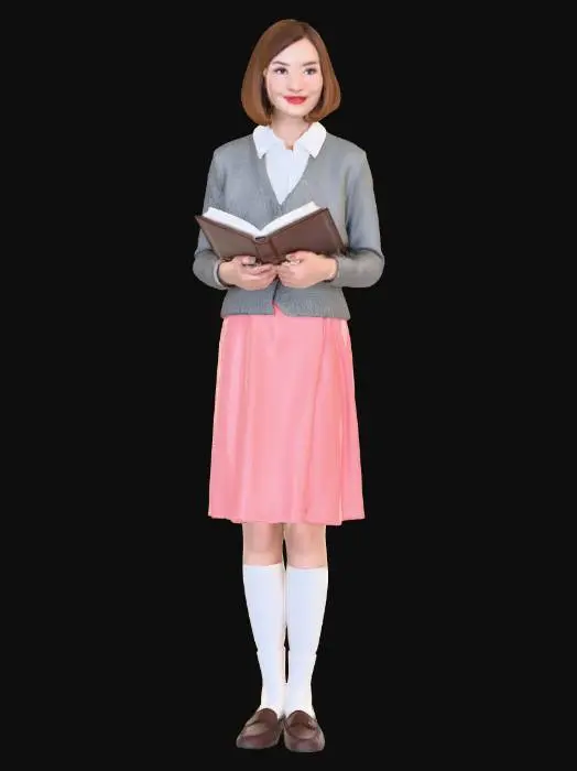 3D model for Une étudiante universitaire américaine des années 1950, jeune et soignée, avec une silhouette élancée. Elle porte une jupe plissée en laine pastel, un chemisier blanc impeccable en coton et un cardigan ajusté. Ses cheveux, d'un brun doux, sont coiffés en un élégant carré. Son visage affiche une expression studieuse, avec des yeux vifs et un léger sourire. Un livre relié en cuir est tenu dans ses mains, son corps exprimant une grâce retenue.