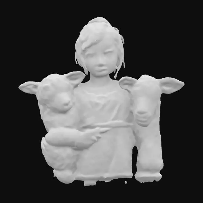 3D model for Young shepherdess standing next to her sheep. She has short red hair styled in a bun, a natural look, light mountain clothes. The sheep is white and looking at her, and you can feel the complicity between them. Includes PBR textures,  Photorealism, detailed hair, realistic skin shadows and soft lighting. High-quality, optimized 3D.