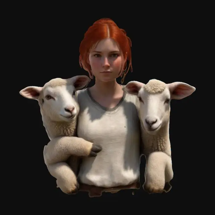 3D model for Young shepherdess standing next to her sheep. She has short red hair styled in a bun, a natural look, light mountain clothes. The sheep is white and looking at her, and you can feel the complicity between them. Includes PBR textures,  Photorealism, detailed hair, realistic skin shadows and soft lighting. High-quality, optimized 3D.