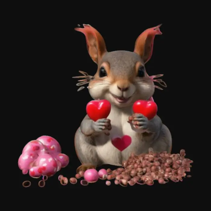 3D model for #valentine#, Ultra-realistic, Squirrel offers pink hazelnuts for valentine's day,   photorealism, detailed, realistic skin shadows and soft lighting. High-quality, #valentine#