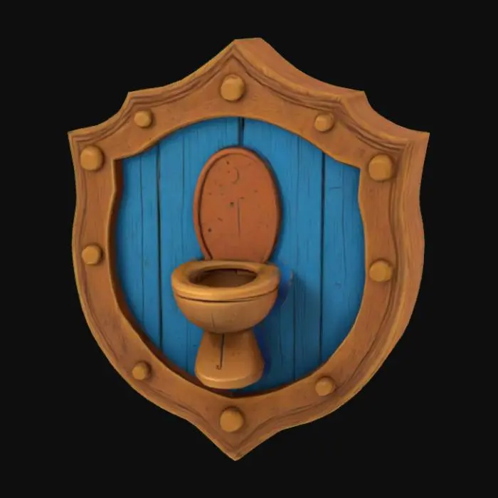 3D model for #emblem#, In cartoon style,  Medieval  Public toilets sign, In old rust Metal and Old Wood. Designed for video games, Highly detailed realistic texture, Digital art, 4k,