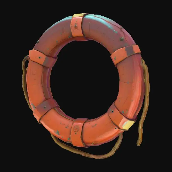 3D model for #ocean#, Cartoon style, Ultra-realistic, Old Trem Ring Lifebuoy. Designed for video games, Realistic and highly detailed texture, Digital art, 4k, Fine details, Clean lines, Vivid colors, Unity-ready, Character Design, mmorpg,, #ocean#