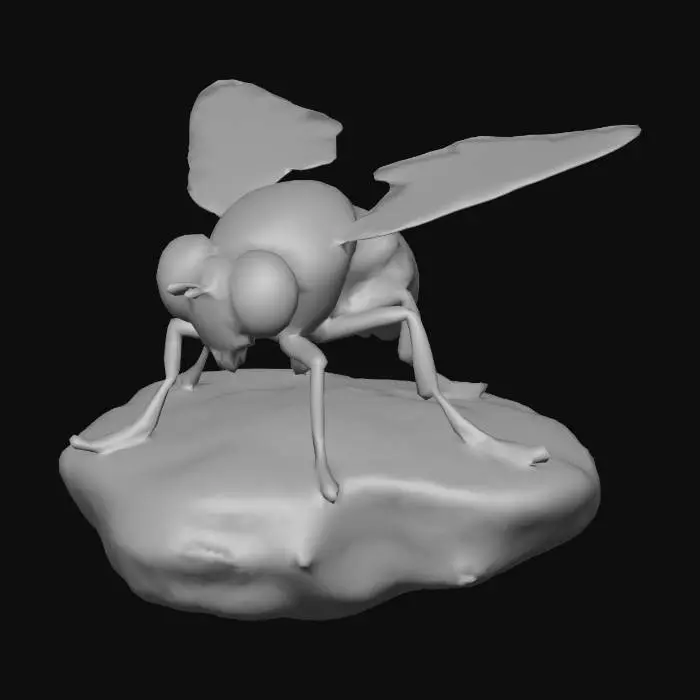 3D model for Une mouche minuscule, au corps noir et segmenté, dotée d'ailes transparentes et irisées, se pose délicatement sur un coprolithe. Ses six pattes fines, garnies de poils, adhèrent à la surface rugueuse et irrégulière de l'objet. Le coprolithe, de forme oblongue et bosselée, présente une texture granuleuse et stratifiée, comme une roche sédimentaire. Sa couleur varie entre des bruns terreux et des gris verdâtres, avec des nuances mattes. La mouche, avec ses yeux composés protubérants, semble immobile sur cette masse fossilisée et dure.