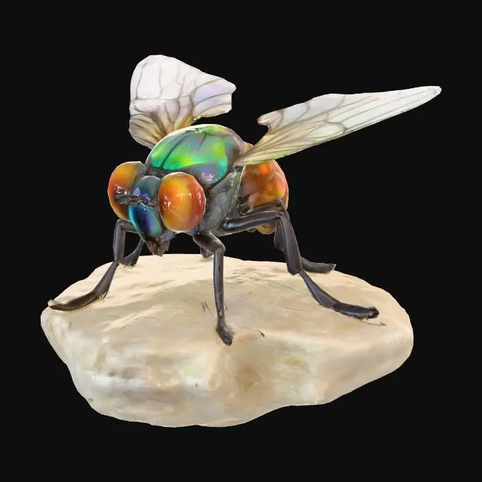 3D model for Une mouche minuscule, au corps noir et segmenté, dotée d'ailes transparentes et irisées, se pose délicatement sur un coprolithe. Ses six pattes fines, garnies de poils, adhèrent à la surface rugueuse et irrégulière de l'objet. Le coprolithe, de forme oblongue et bosselée, présente une texture granuleuse et stratifiée, comme une roche sédimentaire. Sa couleur varie entre des bruns terreux et des gris verdâtres, avec des nuances mattes. La mouche, avec ses yeux composés protubérants, semble immobile sur cette masse fossilisée et dure.