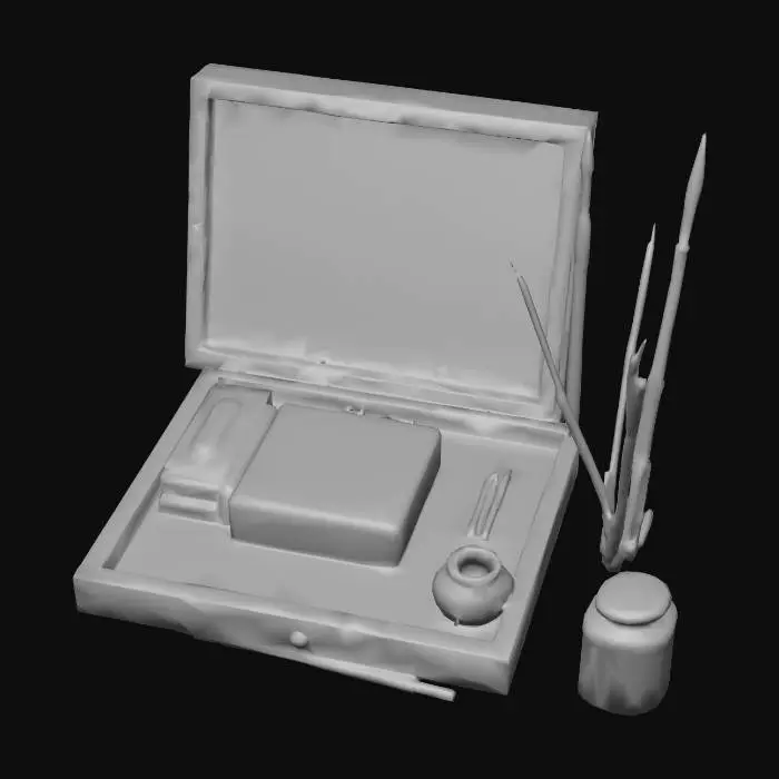3D model for Un élégant kit de calligraphie asiatique est présenté dans une boîte rectangulaire en bois laqué sombre ou bambou poli, à la surface lisse. Il renferme des pinceaux aux manches fins en bambou, dotés de soies souples, noires et effilées. Une pierre à encre robuste, lisse au toucher et de couleur gris foncé, côtoie un petit encrier en porcelaine blanche. Un bâton d'encre solide, noir et parfois délicatement parfumé, complète cet ensemble. Chaque élément affiche des formes simples et fonctionnelles.