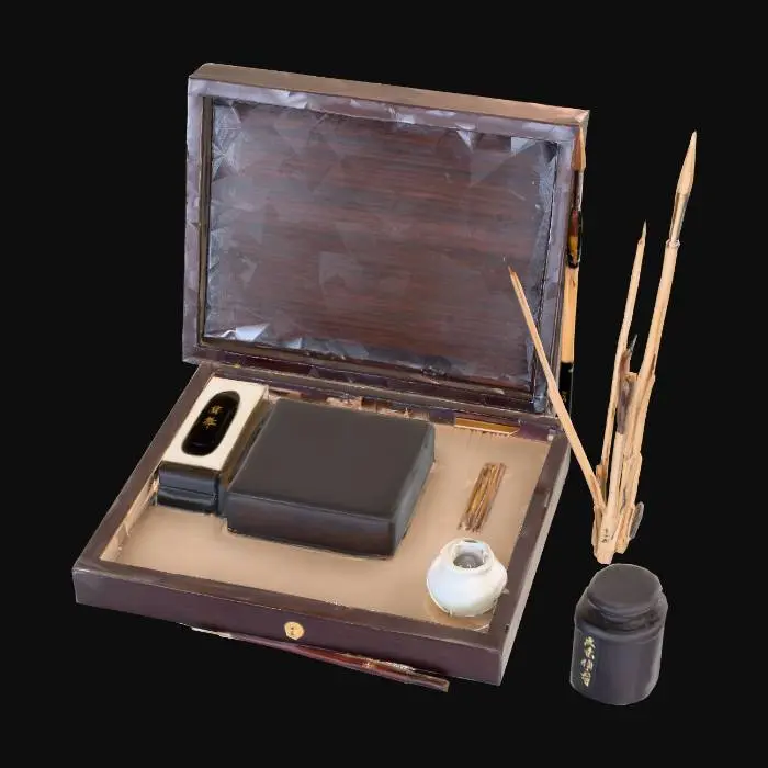 3D model for Un élégant kit de calligraphie asiatique est présenté dans une boîte rectangulaire en bois laqué sombre ou bambou poli, à la surface lisse. Il renferme des pinceaux aux manches fins en bambou, dotés de soies souples, noires et effilées. Une pierre à encre robuste, lisse au toucher et de couleur gris foncé, côtoie un petit encrier en porcelaine blanche. Un bâton d'encre solide, noir et parfois délicatement parfumé, complète cet ensemble. Chaque élément affiche des formes simples et fonctionnelles.