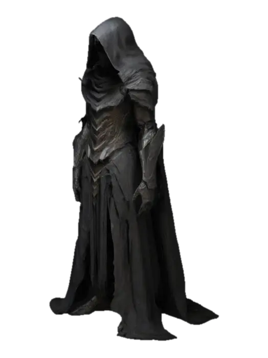 The object is a dark, hooded, humanoid figure with a flowing, tattered cloak, intricate armor featuring angular and jagged elements, and a smooth yet rugged texture, suggesting a mysterious and stealthy character.,  від akirakuroneko56 — створено за допомогою генератора 3D Meshy AI, безкоштовне завантаження FBX OBJ GLB STL