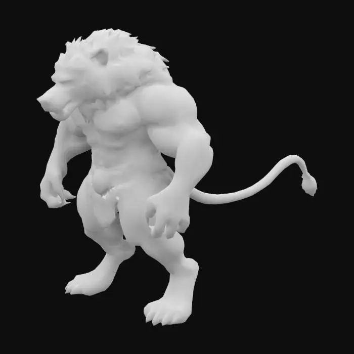 3D model for Humanoid Fusion between a lion and tige extreme muscular . Color or brownish, greyish or yellow-ish, lion face and tiger body. Extreme high quality, fighter warrior
