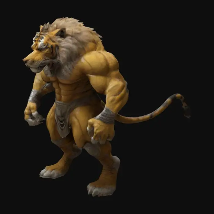 3D model for Humanoid Fusion between a lion and tige extreme muscular . Color or brownish, greyish or yellow-ish, lion face and tiger body. Extreme high quality, fighter warrior