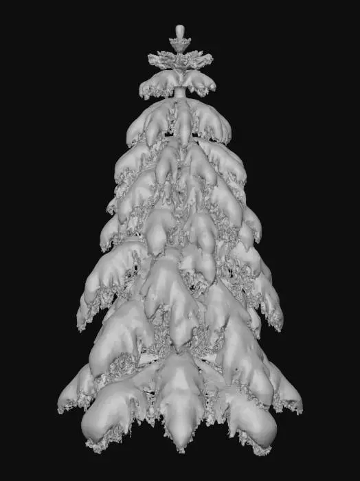 3D model for 눈으로 두껍게 덮인 전나무 3D 모델입니다. 원뿔형의 구조 위에 폭신하고 순백색의 눈이 겹겹이 쌓여 부드러운 유기적 질감을 만듭니다. 눈 아래로는 짙은 녹색의 침엽수 잎이 부분적으로 보이며, 나무 밑동은 어두운 갈색으로 단단하게 드러나 있습니다. 햇빛에 반짝이는 눈과 나무가 드리우는 푸른 그림자가 조화로운 차갑고 포근한 겨울 나무입니다.