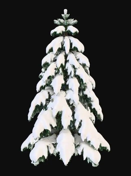 3D model for 눈으로 두껍게 덮인 전나무 3D 모델입니다. 원뿔형의 구조 위에 폭신하고 순백색의 눈이 겹겹이 쌓여 부드러운 유기적 질감을 만듭니다. 눈 아래로는 짙은 녹색의 침엽수 잎이 부분적으로 보이며, 나무 밑동은 어두운 갈색으로 단단하게 드러나 있습니다. 햇빛에 반짝이는 눈과 나무가 드리우는 푸른 그림자가 조화로운 차갑고 포근한 겨울 나무입니다.