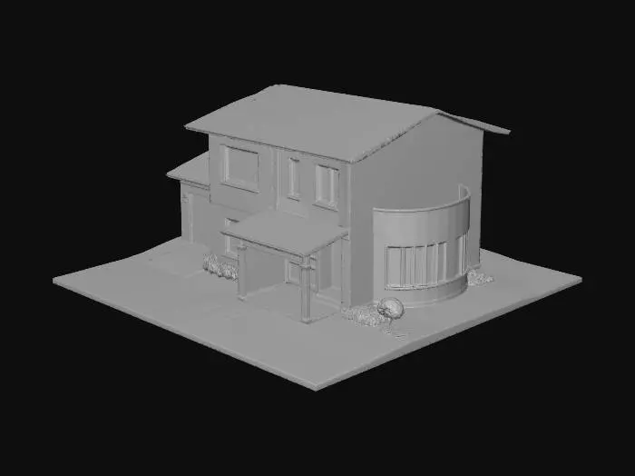 3D model for Modern suburban family house with two floors, minimalist windows, white plaster.