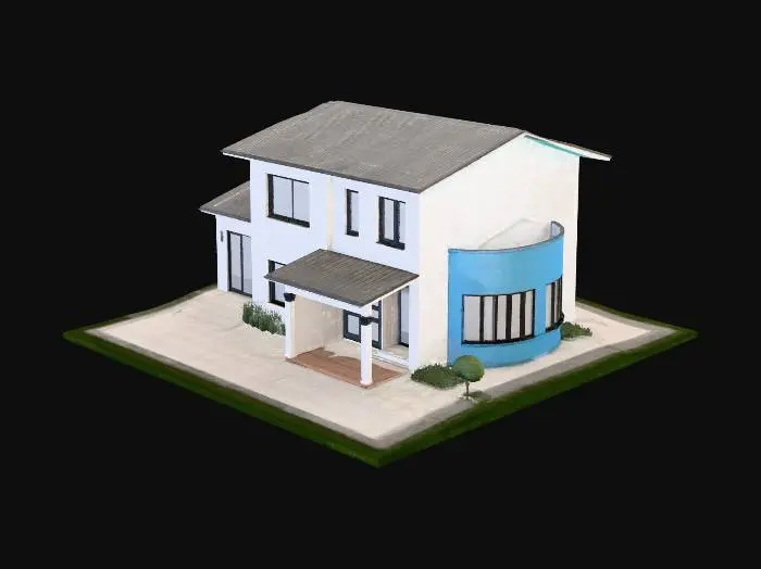 3D model for Modern suburban family house with two floors, minimalist windows, white plaster.