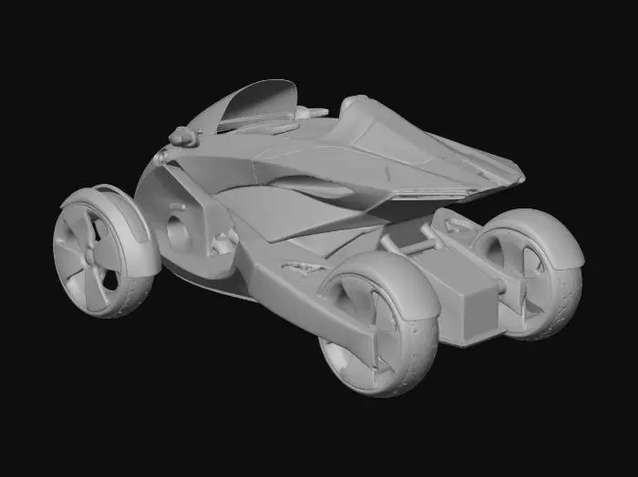 3D model for {
  "prompt": "Create a detailed 3D model of the futuristic three-wheeled vehicle concept shown in image_5.png and image_6.png. The vehicle should have a white main body with black accents, an aerodynamic design with sharp lines, two wheels in the front and one in the rear. The model must include both exterior and interior details. Crucially, the topology must be clean and editable, suitable for further work in Blender. Do not apply any materials or shaders; the final output should be a clean, untextured mesh (clay render style). The model can be high-poly but must maintain good edge flow."
}