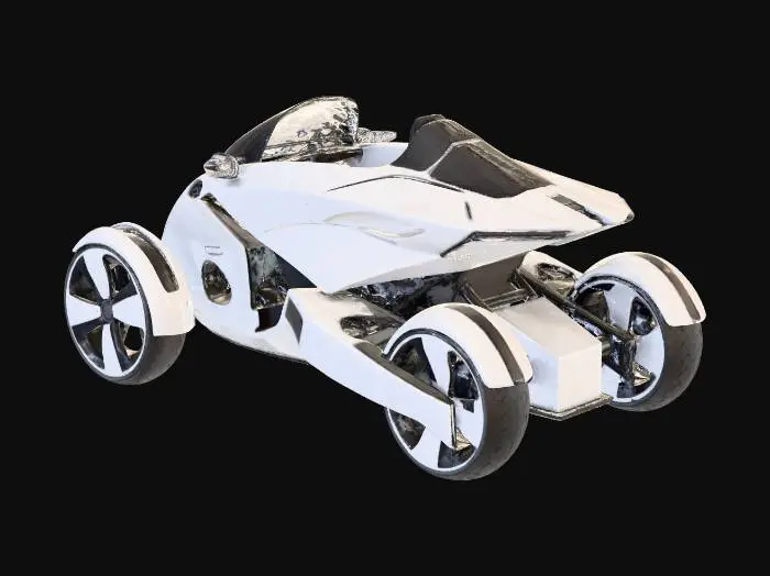 3D model for {
  "prompt": "Create a detailed 3D model of the futuristic three-wheeled vehicle concept shown in image_5.png and image_6.png. The vehicle should have a white main body with black accents, an aerodynamic design with sharp lines, two wheels in the front and one in the rear. The model must include both exterior and interior details. Crucially, the topology must be clean and editable, suitable for further work in Blender. Do not apply any materials or shaders; the final output should be a clean, untextured mesh (clay render style). The model can be high-poly but must maintain good edge flow."
}