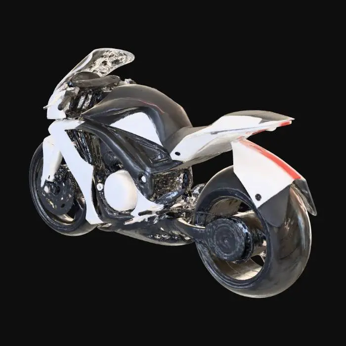 3D model for Ultra futuristic single-seat hybrid vehicle, mix between sport motorcycle and compact concept car, enclosed aerodynamic body, sharp angular panels, cyberpunk design language, large rear wheel emphasis, minimal front profile, high-tech LED rear light bar, matte white and black panels, industrial concept sketch translated into realistic 3D, clean studio lighting, high-detail hard surface modeling, realistic proportions, product design prototype style