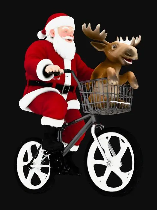 3D model for reprend la celebre image avec eliot et E.T quand ils sont sur le BMX et remplace Eliot par un pere noel et un bébé elan dans le panier sur le guidon à la place de E.T. pose des questions si besoin, fond noir. remplace les jantes à rayons des roues par des jantes à 5 batons blanches.