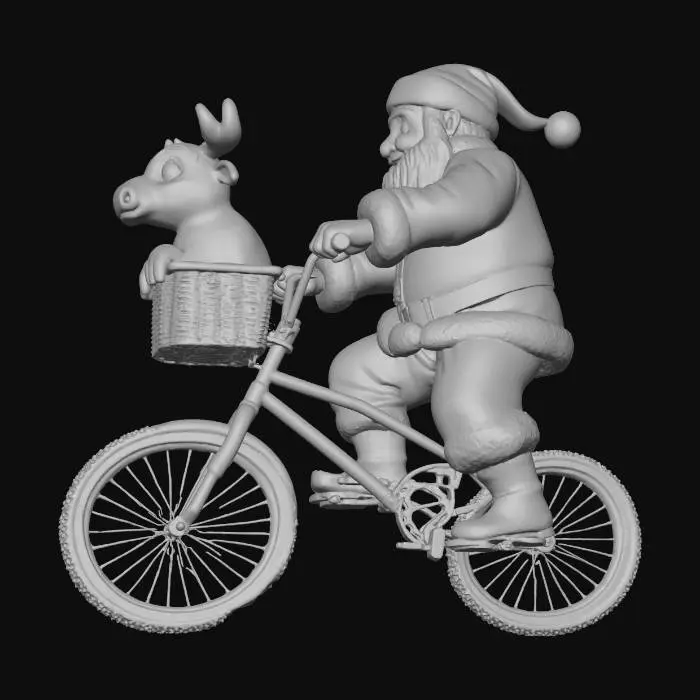 3D model for reprend la celebre image avec eliot et E.T quand ils sont sur le BMX et remplace Eliot par un pere noel et un bébé elan dans le panier sur le guidon à la place de E.T. pose des questions si besoin, fond noir