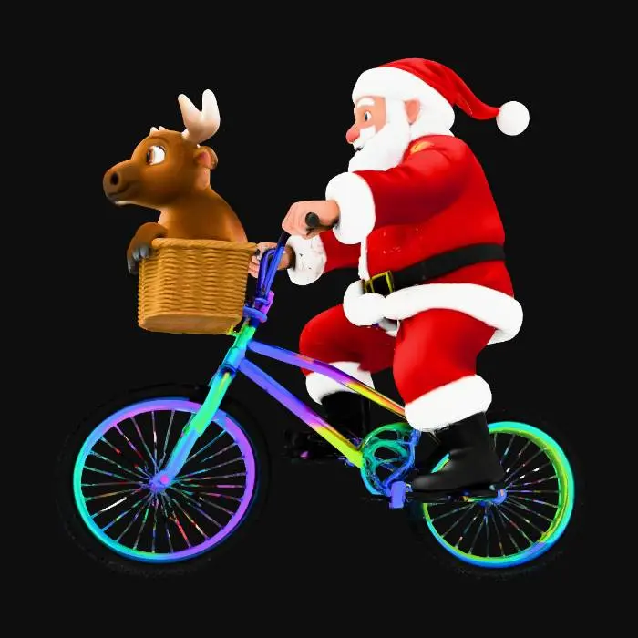 3D model for reprend la celebre image avec eliot et E.T quand ils sont sur le BMX et remplace Eliot par un pere noel et un bébé elan dans le panier sur le guidon à la place de E.T. pose des questions si besoin, fond noir