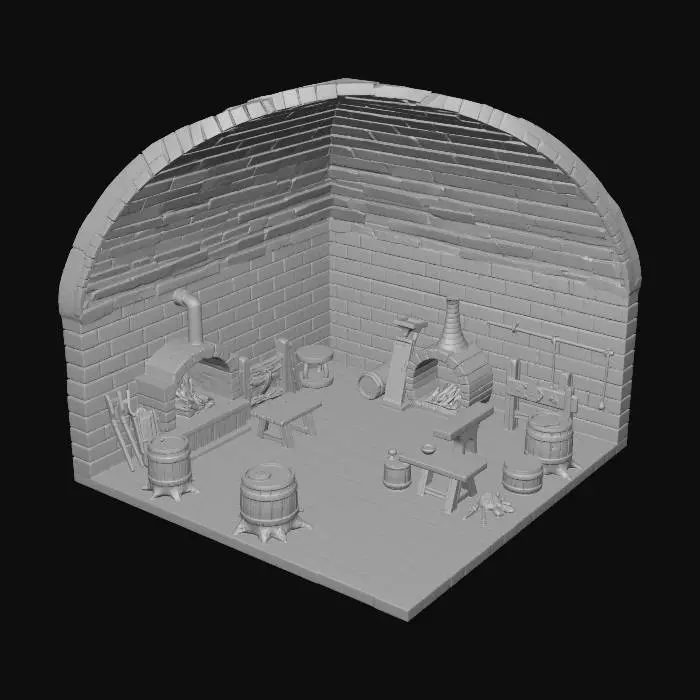 3D model for 3D isometric cutaway of the Blacksmith Shop Interior. Architecture: Thick soot-stained grey brick walls, vaulted stone ceiling, uneven flagstone floor. Key Feature: A massive, glowing blast furnace (forge) built into the back wall connected to the chimney. Props (Heavy Clutter): An iron anvil on a tree stump base, racks of hammers and tongs, barrels of water, scattered finished swords and shields on wooden racks. Lighting/Color: Warm orange glow from the forge contrasting with cold grey stone, stylized baked lighting.