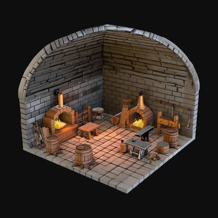 3D model for 3D isometric cutaway of the Blacksmith Shop Interior. Architecture: Thick soot-stained grey brick walls, vaulted stone ceiling, uneven flagstone floor. Key Feature: A massive, glowing blast furnace (forge) built into the back wall connected to the chimney. Props (Heavy Clutter): An iron anvil on a tree stump base, racks of hammers and tongs, barrels of water, scattered finished swords and shields on wooden racks. Lighting/Color: Warm orange glow from the forge contrasting with cold grey stone, stylized baked lighting.
