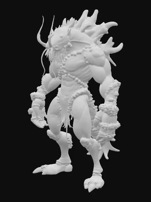 3D model for A muscular humanoid mantis shrimp warrior stands in an aggressive stance, its vibrant iridescent exoskeleton shimmering with oceanic hues. Predatory glowing eyes convey focus. Its armor is sleek yet jagged, crafted from barnacle-encrusted metal and shell fragments, designed for speed and crushing strikes, giving it a hard, rough, and encrusted tactile quality. It wields a pair of one-handed hammers, each sculpted from amber coral and faintly glowing with undersea energy, ready to unleash devastating blows., #PBR#