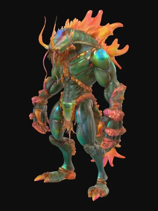 3D model for A muscular humanoid mantis shrimp warrior stands in an aggressive stance, its vibrant iridescent exoskeleton shimmering with oceanic hues. Predatory glowing eyes convey focus. Its armor is sleek yet jagged, crafted from barnacle-encrusted metal and shell fragments, designed for speed and crushing strikes, giving it a hard, rough, and encrusted tactile quality. It wields a pair of one-handed hammers, each sculpted from amber coral and faintly glowing with undersea energy, ready to unleash devastating blows., #PBR#