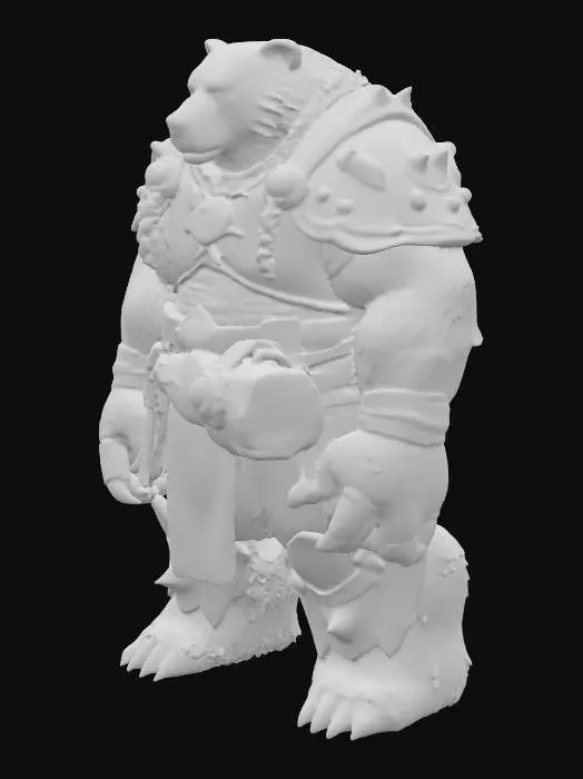 3D model for A colossal anthropomorphic Duskborn Tanker, fused with a sun bear, stands tall with a bulky, muscular build. Its dark fur displays striking golden markings across its chest and face. Dark, jagged, primal armor with gold accents appears grown into its form, giving it a hard, rough tactile quality. It wields a massive, two-handled log crafted from a forest tree, possessing a coarse woody texture. Its face blends human and bear traits, with deep black eyes exuding resilience, poised in a defensive yet threatening stance., #PBR#