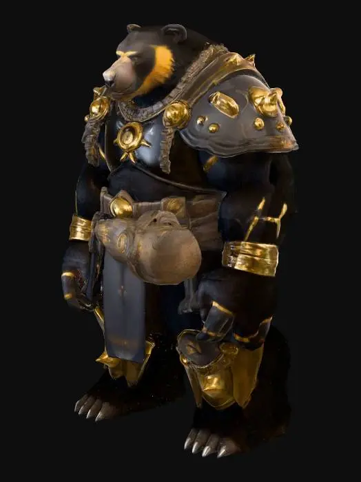 3D model for A colossal anthropomorphic Duskborn Tanker, fused with a sun bear, stands tall with a bulky, muscular build. Its dark fur displays striking golden markings across its chest and face. Dark, jagged, primal armor with gold accents appears grown into its form, giving it a hard, rough tactile quality. It wields a massive, two-handled log crafted from a forest tree, possessing a coarse woody texture. Its face blends human and bear traits, with deep black eyes exuding resilience, poised in a defensive yet threatening stance., #PBR#