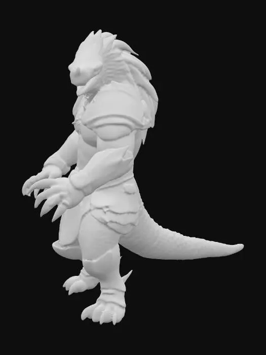 3D model for An anthropomorphic giant pangolin warrior, muscular and agile, wears sleek copper-colored armor that precisely mirrors the texture of its natural scales, blending into a dark aesthetic. Its fists are armed with sharp, claw-like fist weapons, which glow with a faint mystical haze and radiate shadowy energy. The armor and weapons present a hard, textured, and sharp tactile quality. The warrior's stance is fast and aggressive, embodying a predator's speed and raw strength., #PBR#