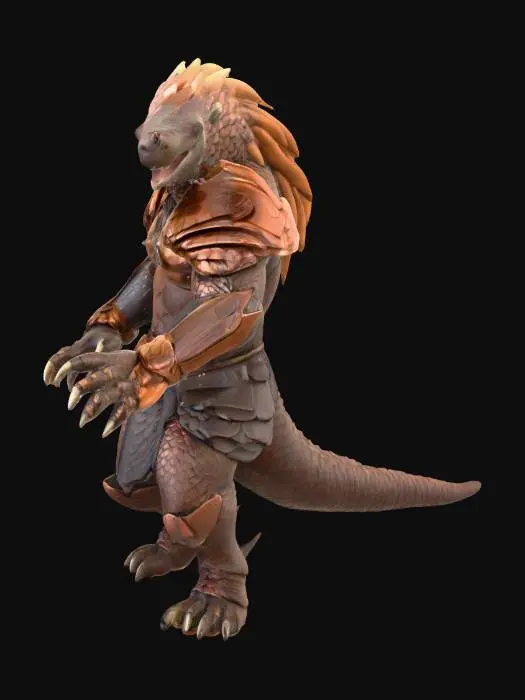 3D model for An anthropomorphic giant pangolin warrior, muscular and agile, wears sleek copper-colored armor that precisely mirrors the texture of its natural scales, blending into a dark aesthetic. Its fists are armed with sharp, claw-like fist weapons, which glow with a faint mystical haze and radiate shadowy energy. The armor and weapons present a hard, textured, and sharp tactile quality. The warrior's stance is fast and aggressive, embodying a predator's speed and raw strength., #PBR#