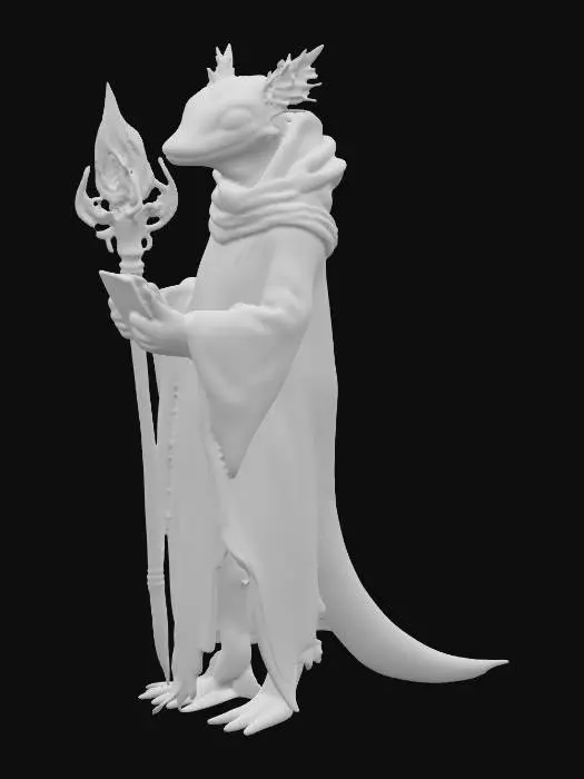 3D model for A majestic and mystical anthropomorphic axolotl healer presents a pale body with glowing purple bioluminescent markings and elegant external gills. He is adorned in dark ethereal healer’s robes, intricately embroidered with golden scriptures and runes, conveying a soft, flowing tactile quality. In his hand, he holds a beautiful staff, inspired by axolotl accents and shaped with organic forms, which glows with a crystalline, ethereal purple light. His presence is serene and mysterious, radiating sacred energy., #PBR#