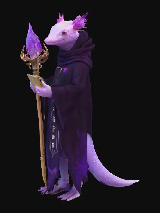 3D model for A majestic and mystical anthropomorphic axolotl healer presents a pale body with glowing purple bioluminescent markings and elegant external gills. He is adorned in dark ethereal healer’s robes, intricately embroidered with golden scriptures and runes, conveying a soft, flowing tactile quality. In his hand, he holds a beautiful staff, inspired by axolotl accents and shaped with organic forms, which glows with a crystalline, ethereal purple light. His presence is serene and mysterious, radiating sacred energy., #PBR#