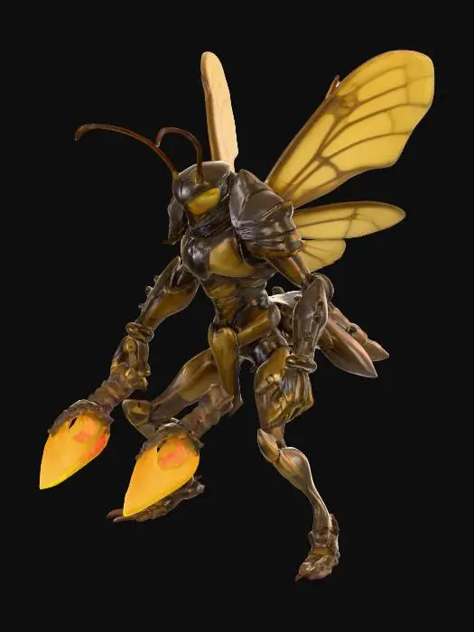 3D model for A desert-forged humanoid sand wasp warrior stands in a bipedal stance, with a bulky insectoid body, segmented thorax, and sharp mandibles. Large translucent wings, veined and shimmering faintly gold, extend from its back. Its plate armor mimics wasp chitin in sandy yellow, black, and burnt brown, with glowing ember cracks, giving it a hard, organic, desert-crafted feel. Shoulder plates are shaped like menacing stingers. It wields dual fiery fist weapons with a molten lava effect and glowing claws dripping with venomous energy. Pale light reflects in its chrome, multifaceted insect eyes., #PBR#