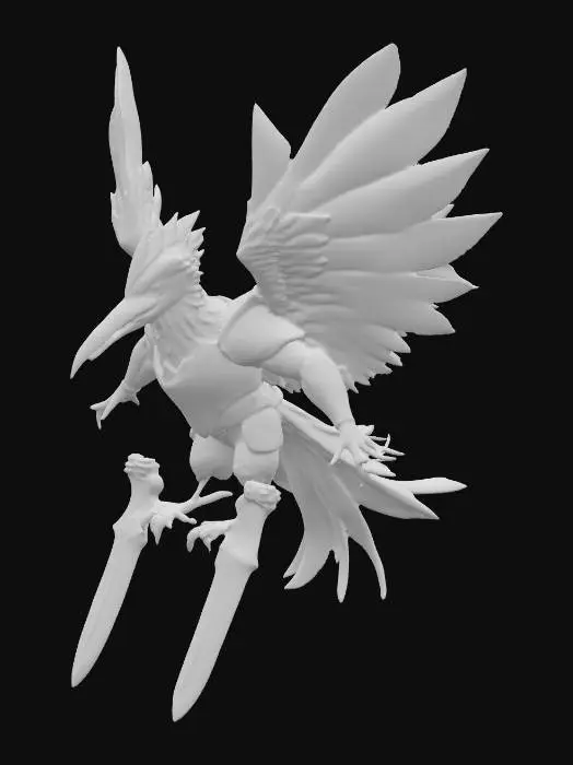 3D model for A bipedal, agile anthropomorphic Kingfisher Skyrider poison DPS exhibits sleek, vibrant blue and orange feathers. Clad in fitted golden armor plates, highlighting its natural colors and emphasizing mobility, it has a smooth, hard tactile quality. Its sharp, calculating eyes glow faintly with toxic energy. It wields dual small, sharp, glinting venom-coated daggers designed for quick, precise strikes. The warrior is depicted mid-flight, with wings partially spread and tail feathers trailing dynamically, portraying an exotic and deadly aerial assassin., #PBR#