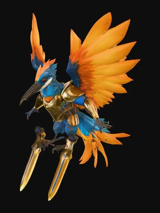 3D model for A bipedal, agile anthropomorphic Kingfisher Skyrider poison DPS exhibits sleek, vibrant blue and orange feathers. Clad in fitted golden armor plates, highlighting its natural colors and emphasizing mobility, it has a smooth, hard tactile quality. Its sharp, calculating eyes glow faintly with toxic energy. It wields dual small, sharp, glinting venom-coated daggers designed for quick, precise strikes. The warrior is depicted mid-flight, with wings partially spread and tail feathers trailing dynamically, portraying an exotic and deadly aerial assassin., #PBR#