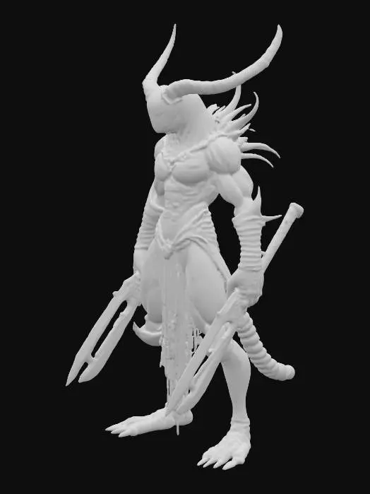 3D model for A humanoid Desert Centipede Ashwalker, muscular yet agile, presents a bipedal form with elongated segmented limbs. Its skin exhibits subtle desert tones with chitin-like textures, and exoskeleton segments are integrated into its dark obsidian armor plates, giving a hard, textured tactile quality. Each hand wields a deadly one-handed sword glowing with swirling desert energy. Its eyes are piercing and predatory, and it holds a low stance, ready to strike, emphasizing agility and menace., #PBR#