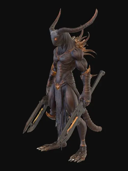 3D model for A humanoid Desert Centipede Ashwalker, muscular yet agile, presents a bipedal form with elongated segmented limbs. Its skin exhibits subtle desert tones with chitin-like textures, and exoskeleton segments are integrated into its dark obsidian armor plates, giving a hard, textured tactile quality. Each hand wields a deadly one-handed sword glowing with swirling desert energy. Its eyes are piercing and predatory, and it holds a low stance, ready to strike, emphasizing agility and menace., #PBR#