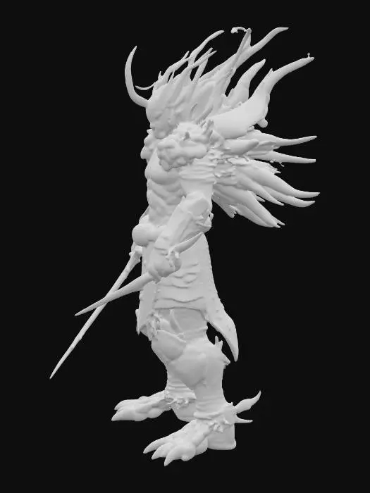 3D model for A muscular yet agile humanoid warrior, fused with a venomous scorpionfish, displays skin patterned with dark coral, orange, and deep-sea mottled tones, with bioluminescent lines hinting at poisonous energy. He wears sleek deep-sea plate armor that mirrors his natural scaly and spiny texture, seamlessly blending with his form, giving it a hard, spiny, and smooth tactile quality. Spiny fins adorn his shoulders, forearms, and back. He dual-wields abyssal metal swords, their edges faintly glowing with venomous energy, poised in a low, agile, and predatory stance., #PBR#