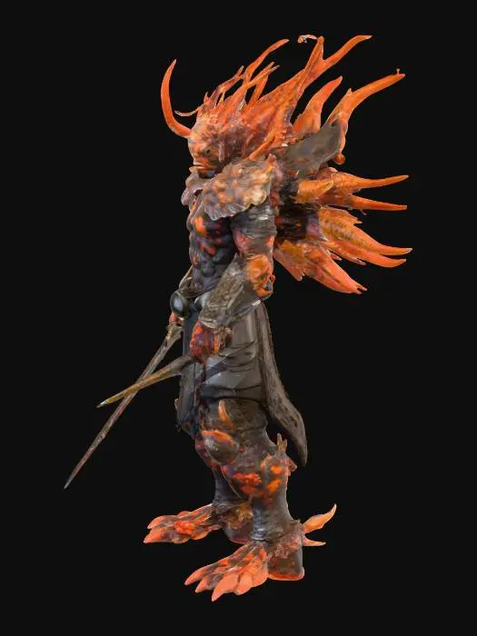 3D model for A muscular yet agile humanoid warrior, fused with a venomous scorpionfish, displays skin patterned with dark coral, orange, and deep-sea mottled tones, with bioluminescent lines hinting at poisonous energy. He wears sleek deep-sea plate armor that mirrors his natural scaly and spiny texture, seamlessly blending with his form, giving it a hard, spiny, and smooth tactile quality. Spiny fins adorn his shoulders, forearms, and back. He dual-wields abyssal metal swords, their edges faintly glowing with venomous energy, poised in a low, agile, and predatory stance., #PBR#
