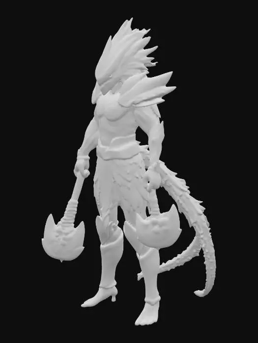 3D model for A sleek, muscular humanoid electric eel warrior possesses iridescent skin shimmering with deep browns, blues, greens, and ambers. Its human face exhibits eel-like features, glowing eyes, and electric frills descending its neck. It wears coral-crystal plated armor adorned with deep-sea iridescent accents of gold, pearls, and corals, giving it a hard, smooth, and crystalline tactile quality. Dual one-handed rounded metal maces, crackling with electricity, are wielded, with constant arcs of lightning dancing along its body, exuding an aura of rapid energy., #PBR#