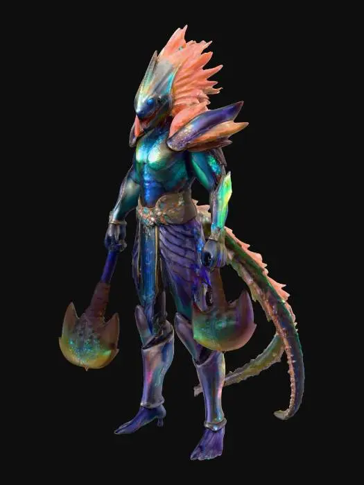 3D model for A sleek, muscular humanoid electric eel warrior possesses iridescent skin shimmering with deep browns, blues, greens, and ambers. Its human face exhibits eel-like features, glowing eyes, and electric frills descending its neck. It wears coral-crystal plated armor adorned with deep-sea iridescent accents of gold, pearls, and corals, giving it a hard, smooth, and crystalline tactile quality. Dual one-handed rounded metal maces, crackling with electricity, are wielded, with constant arcs of lightning dancing along its body, exuding an aura of rapid energy., #PBR#