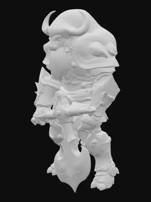 3D model for A colossal, broad, bipedal bison warrior, with heavy hoofed feet, is clad in massive plate armor laced with glowing bioluminescent neon blue veins. Softly glowing fungal growths and spores adorn the dark plates, giving a hard, textured, and earthy tactile quality. Its shaggy mane and great curved horns glimmer faintly with phosphorescence. The warrior wields a colossal two-handed battle axe, forged entirely of heavy metal, with neon blue bioluminescent energy pulsing along its edges. Glowing eyes burn beneath a shadowed helm., #PBR#