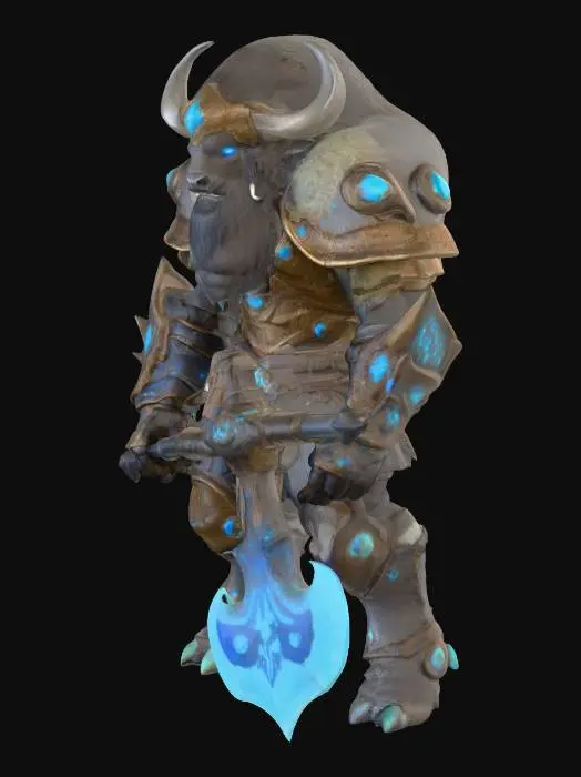 3D model for A colossal, broad, bipedal bison warrior, with heavy hoofed feet, is clad in massive plate armor laced with glowing bioluminescent neon blue veins. Softly glowing fungal growths and spores adorn the dark plates, giving a hard, textured, and earthy tactile quality. Its shaggy mane and great curved horns glimmer faintly with phosphorescence. The warrior wields a colossal two-handed battle axe, forged entirely of heavy metal, with neon blue bioluminescent energy pulsing along its edges. Glowing eyes burn beneath a shadowed helm., #PBR#