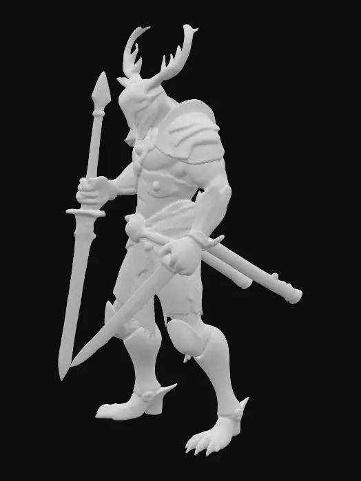 3D model for A muscular, bipedal humanoid warrior features prominent stag beetle-inspired horns on its forehead. Its heavy yet flexible armor reflects natural chrome colors of deep greens, yellows, and ambers, with a bioluminescent glow along its edges and joints, offering a hard yet adaptable tactile quality. The humanoid face exhibits insectoid angular features and piercing eyes. It wields dual one-handed swords, crafted to match its iridescent beetle tones, which emanate a deadly, faintly glowing aura, poised in an aggressive, strike-ready stance., #PBR#