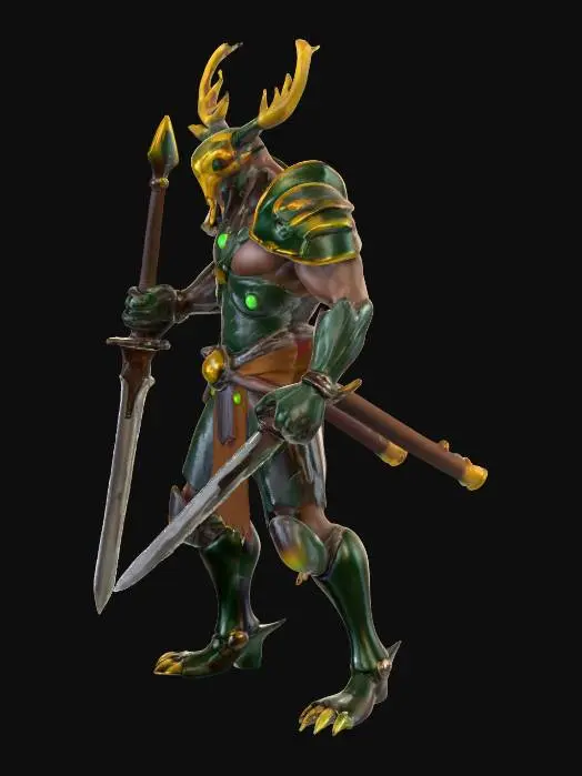 3D model for A muscular, bipedal humanoid warrior features prominent stag beetle-inspired horns on its forehead. Its heavy yet flexible armor reflects natural chrome colors of deep greens, yellows, and ambers, with a bioluminescent glow along its edges and joints, offering a hard yet adaptable tactile quality. The humanoid face exhibits insectoid angular features and piercing eyes. It wields dual one-handed swords, crafted to match its iridescent beetle tones, which emanate a deadly, faintly glowing aura, poised in an aggressive, strike-ready stance., #PBR#