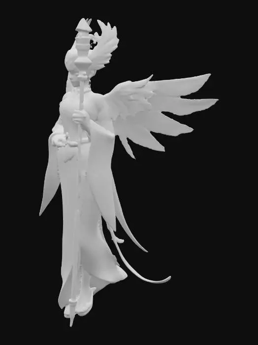 3D model for A slim, delicate humanoid Skyrider healer, fused with Confuciusornis, floats gracefully mid-air. It displays soft pastel plumage in lilac, turquoise, and silver, with long, elegant tail feathers and partially spread wings, all possessing a faint ethereal shimmer. Its warm, serene eyes exude wisdom. Flowing celestial robes, adorned with golden mystical symbols, are slightly translucent with a faint reflective sheen, providing a soft, luxurious tactile quality. It holds a slender staff tipped with a radiant crystal, crackling with gentle healing energy., #PBR#