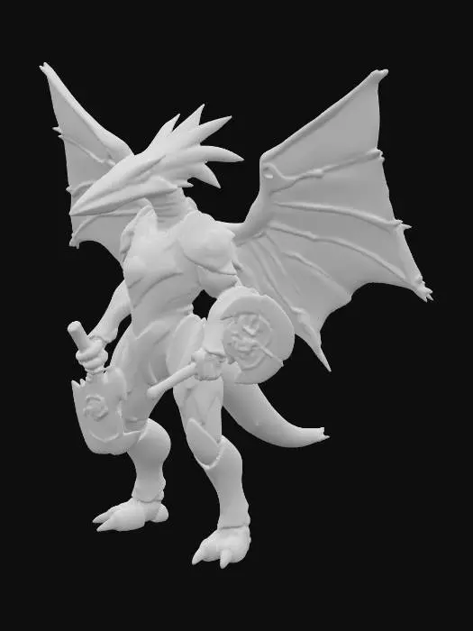 3D model for A sleek and aerodynamic anthropomorphic Nyctosaurus Skyrider, a lean, muscular bipedal humanoid, features long, narrow wings extending from its back. Its head showcases a sharp, elongated beak with a distinct, vibrant crest, and fierce, focused eyes glowing faintly with predatory energy. Lightweight, fitted armor, reflecting a glossy baby-blue and yellow chrome aesthetic, mirrors the creature's natural colors. It wields dual one-handed axes, crafted in matching chrome tones with faintly glowing edges, possessing a smooth, hard, and light tactile quality., #PBR#