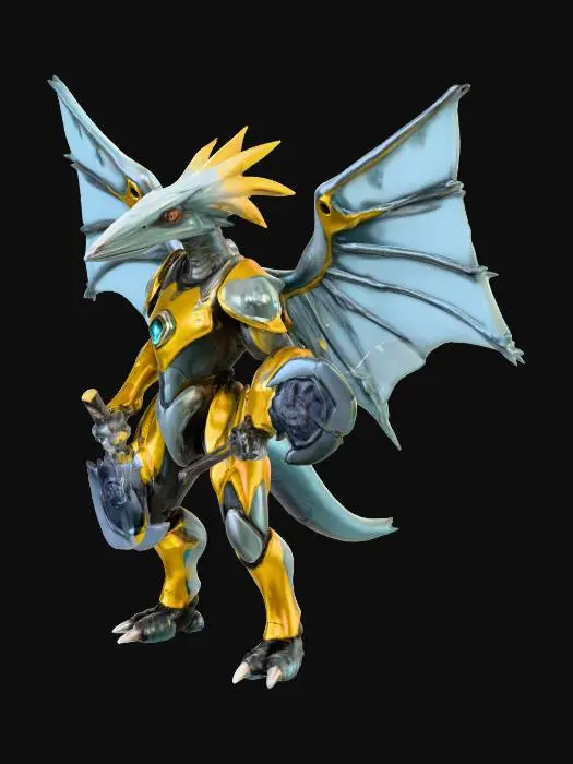 3D model for A sleek and aerodynamic anthropomorphic Nyctosaurus Skyrider, a lean, muscular bipedal humanoid, features long, narrow wings extending from its back. Its head showcases a sharp, elongated beak with a distinct, vibrant crest, and fierce, focused eyes glowing faintly with predatory energy. Lightweight, fitted armor, reflecting a glossy baby-blue and yellow chrome aesthetic, mirrors the creature's natural colors. It wields dual one-handed axes, crafted in matching chrome tones with faintly glowing edges, possessing a smooth, hard, and light tactile quality., #PBR#