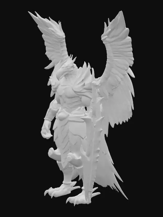 3D model for A colossal, muscular anthropomorphic Skyrider Tanker, fused with an Argentavis, displays a fierce hooked beak and piercing abyssal-blue storm eyes. He wears heavy black dusk-forged plate armor, jagged and brutal, engraved with faint glowing storm-blue runes, possessing a hard, rough tactile quality. Massive black wings, streaked with cobalt-blue highlights, spread wide, crackling faintly with static energy. In one hand, he wields a jagged obsidian-black broadsword with glowing storm runes, and in the other, a colossal wing-shaped black steel shield.